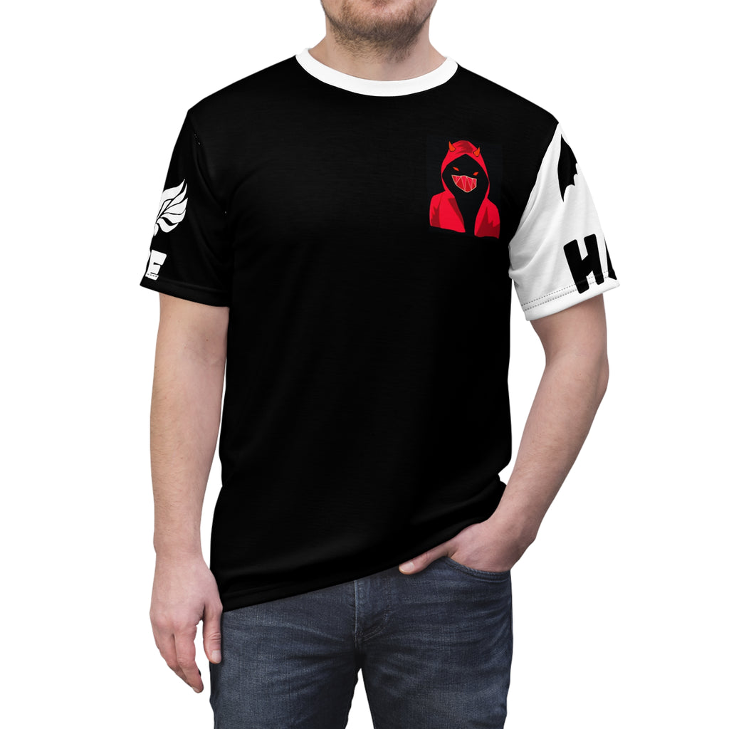 Masked Figure with horns and 'Love & Hate' Tee — Edgy Unisex Cut & Sew T‑Shirt