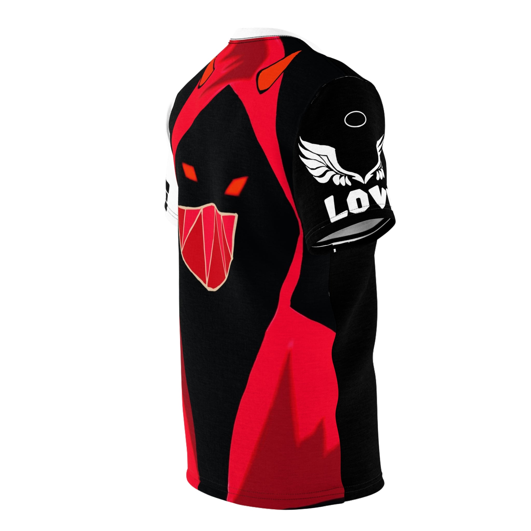 Masked Figure with horns and 'Love & Hate' Tee — Edgy Unisex Cut & Sew T‑Shirt