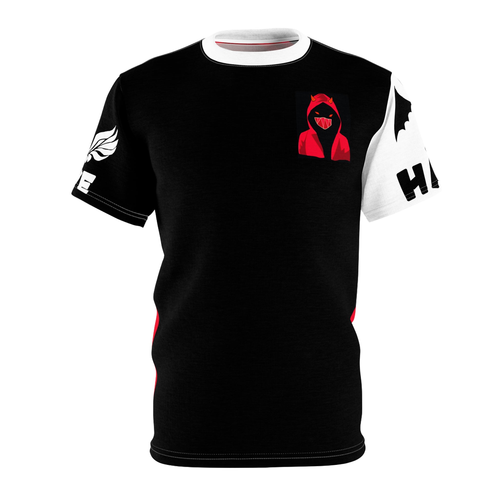 Masked Figure with horns and 'Love & Hate' Tee — Edgy Unisex Cut & Sew T‑Shirt