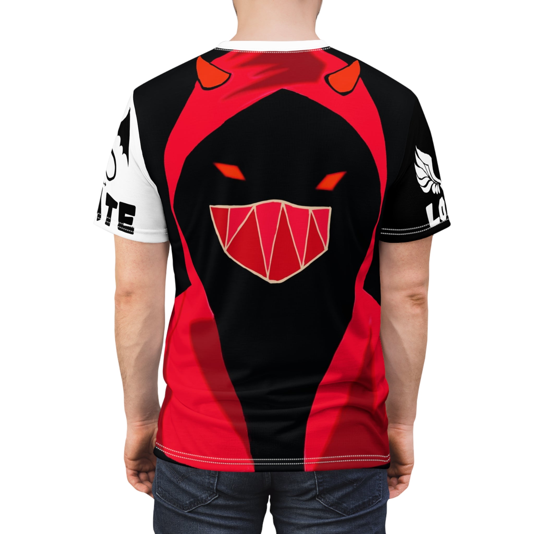 Masked Figure with horns and 'Love & Hate' Tee — Edgy Unisex Cut & Sew T‑Shirt