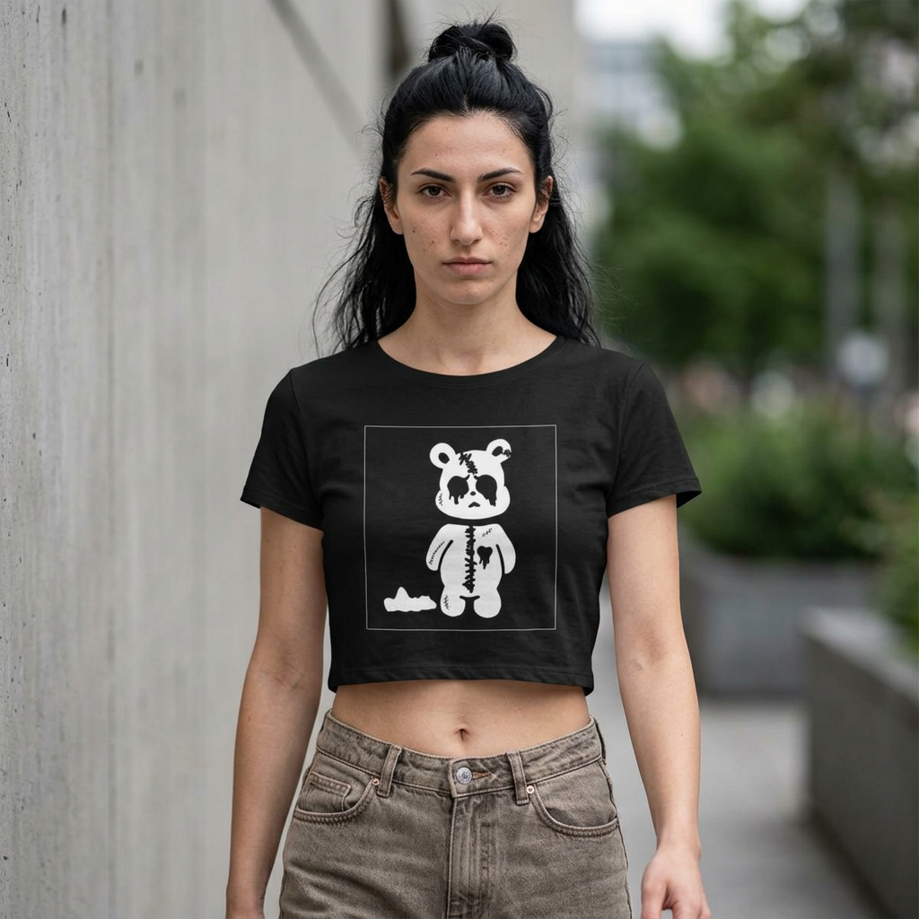 Cute Gothic Teddy Bear Crop Tee — Women’s Goth Punk Crop Top