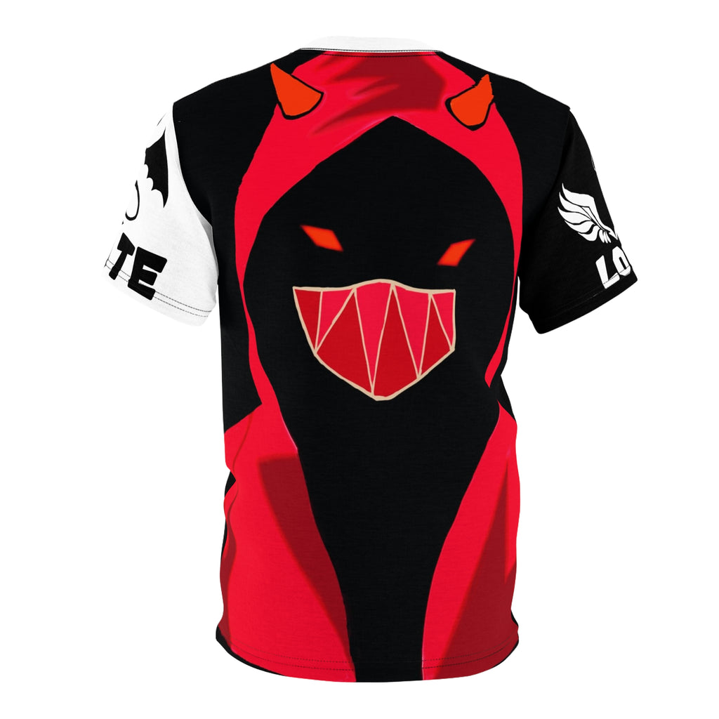 Masked Figure with horns and 'Love & Hate' Tee — Edgy Unisex Cut & Sew T‑Shirt