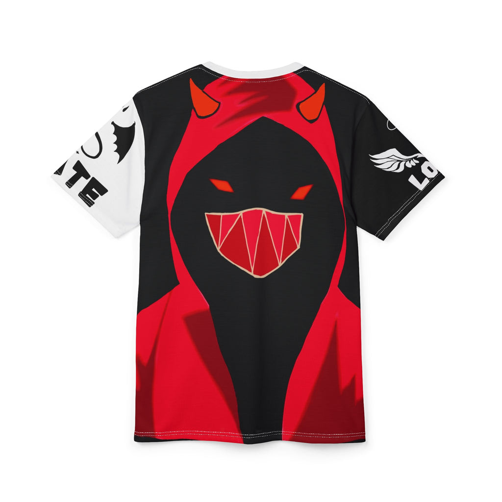 Masked Figure with horns and 'Love & Hate' Tee — Edgy Unisex Cut & Sew T‑Shirt