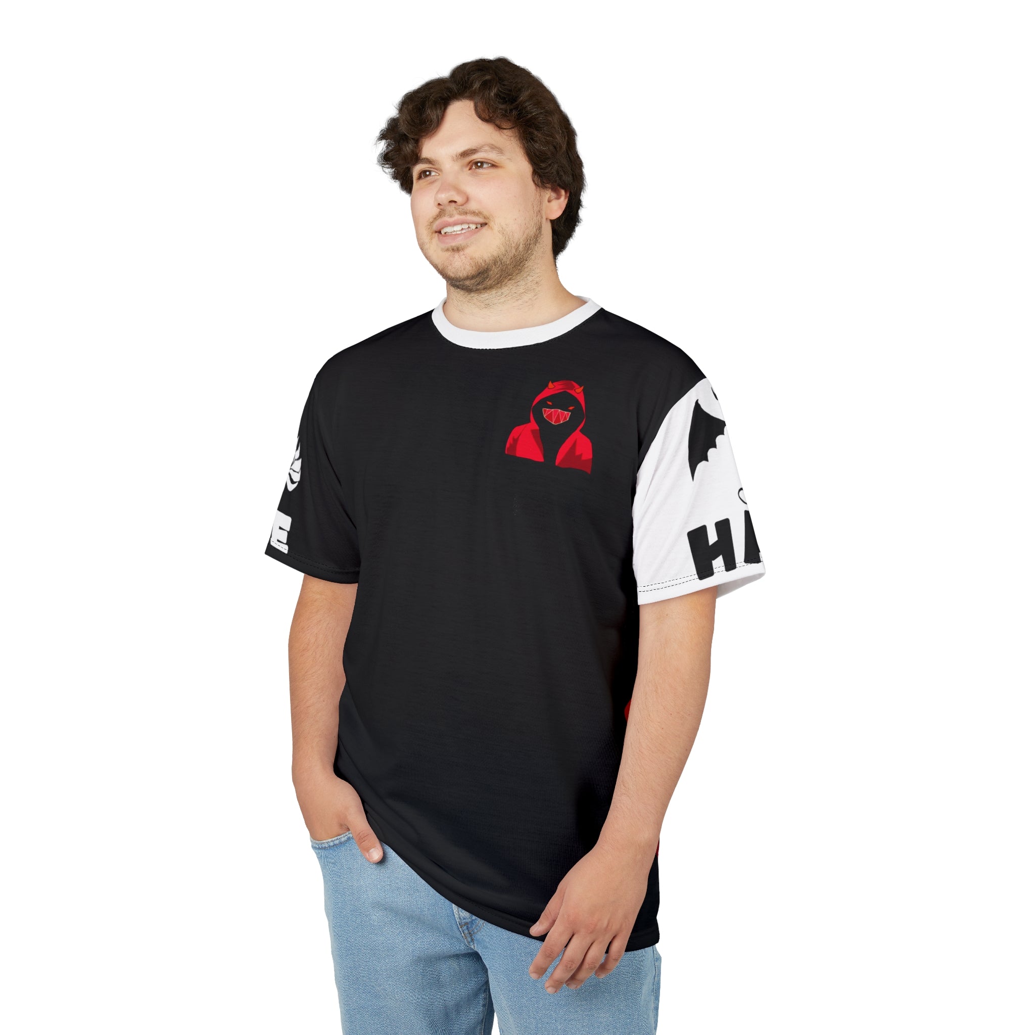 Masked Figure with horns and 'Love & Hate' Tee — Edgy Unisex Cut & Sew T‑Shirt