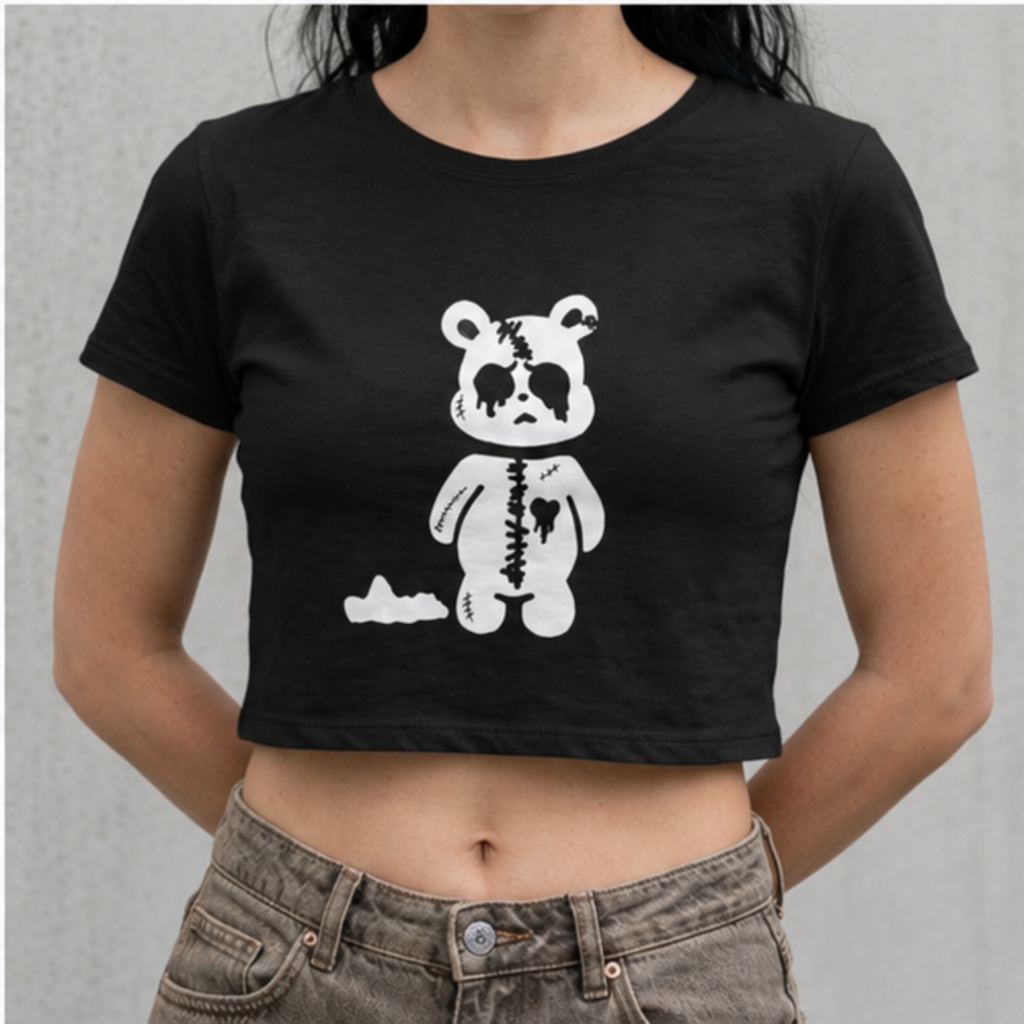 Cute Gothic Teddy Bear Crop Tee — Women’s Goth Punk Crop Top