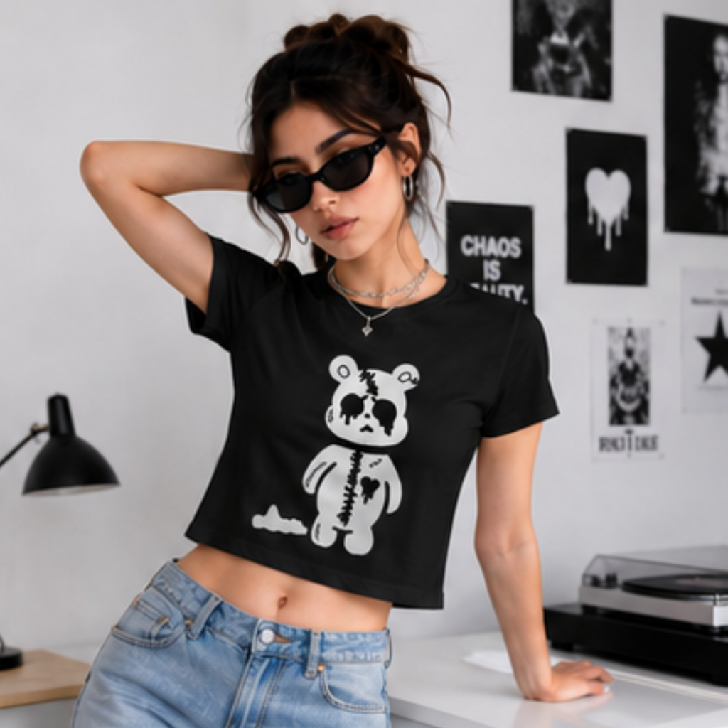 Cute Gothic Teddy Bear Crop Tee — Women’s Goth Punk Crop Top
