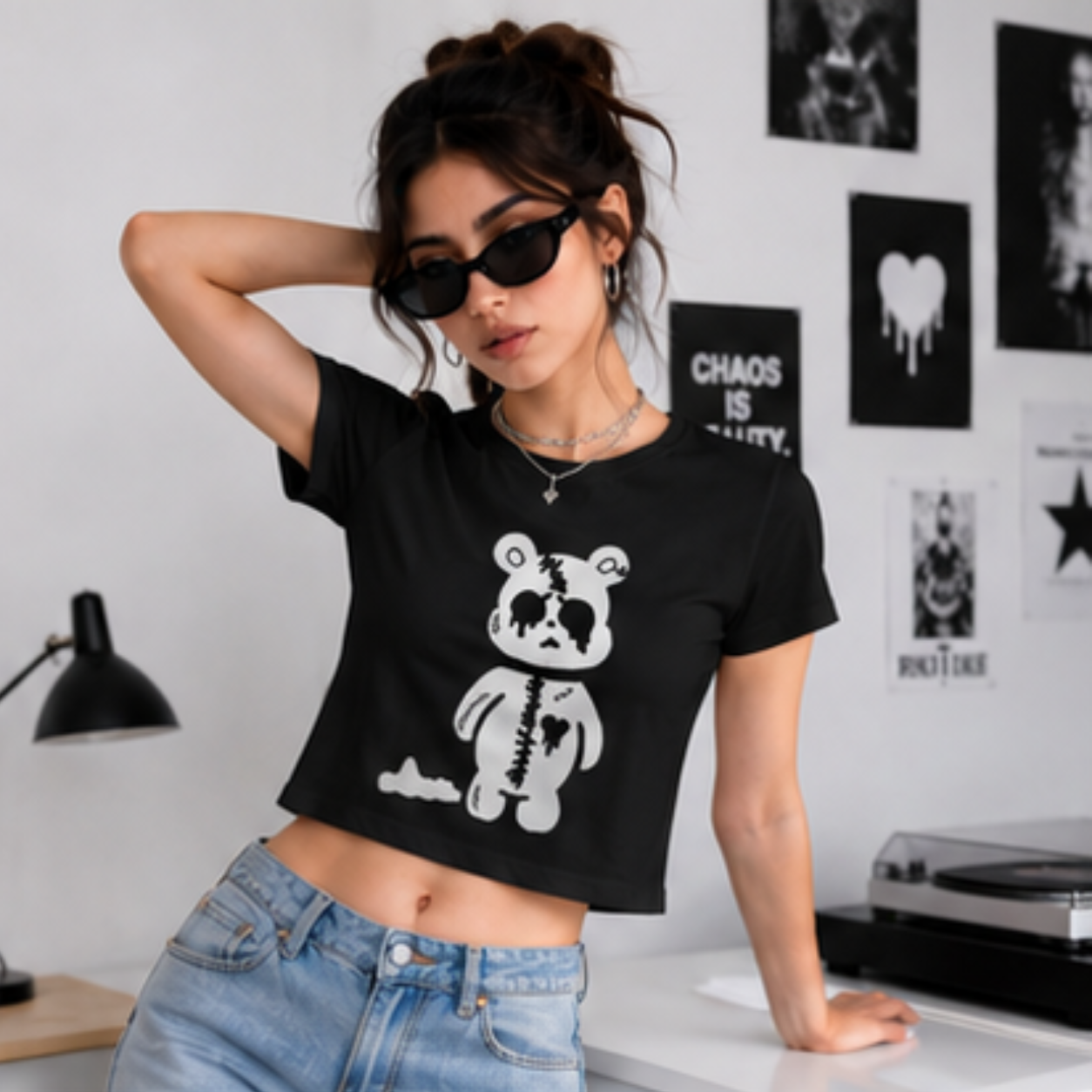 Cute Gothic Teddy Bear Crop Tee — Women’s Goth Punk Crop Top