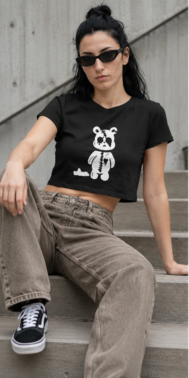 Cute Gothic Teddy Bear Crop Tee — Women’s Goth Punk Crop Top