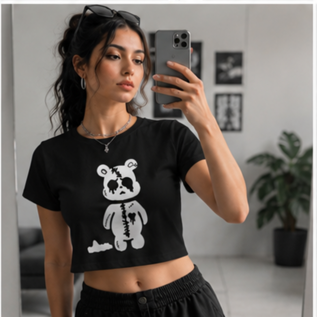 Cute Gothic Teddy Bear Crop Tee — Women’s Goth Punk Crop Top