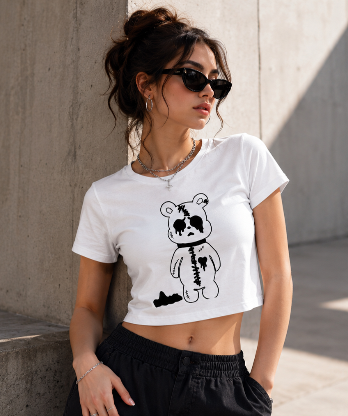 Cute Gothic Teddy Bear Crop Tee — Women’s Goth Punk Crop Top